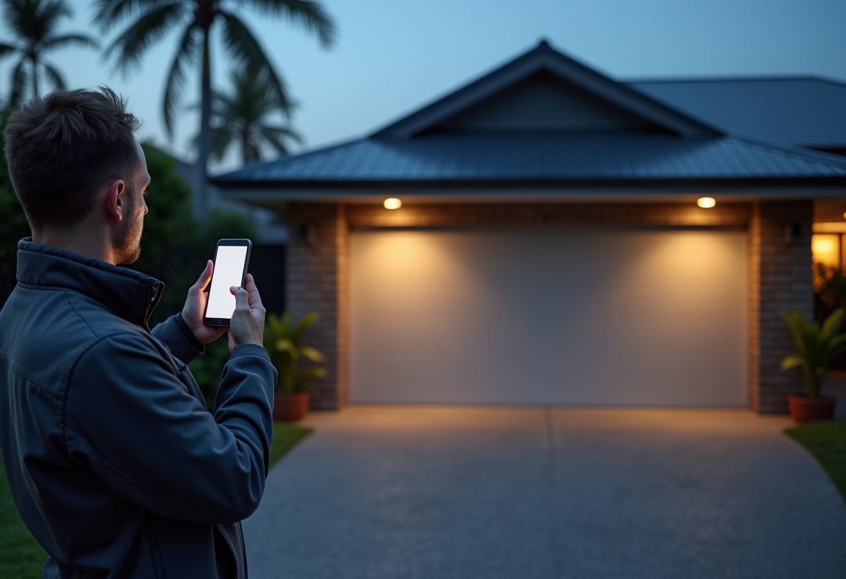 Smart garage door opener installation at dusk — Tugun